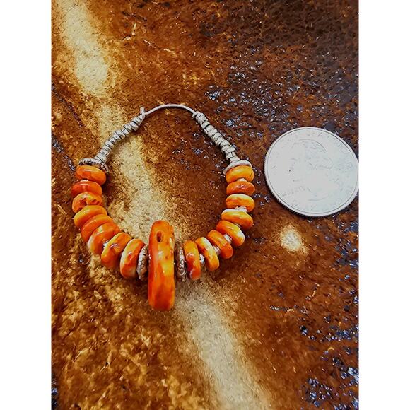 Orange Spiny Oyster Artisan Sterling Hoop Earrings Vintage - Picture 8 of 8